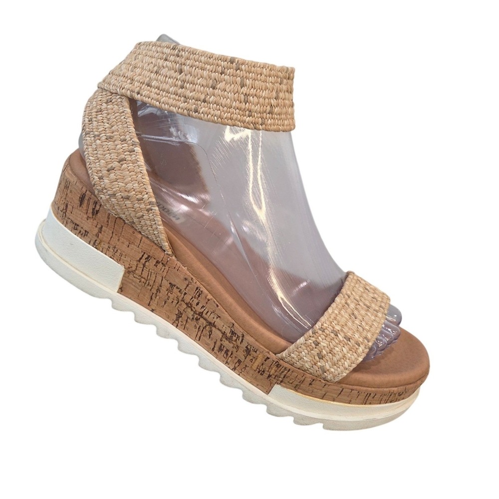 Steve Madden Women Elba Platform Sandals Tan Raffia Cork Wedge 6.5M Summer Boho